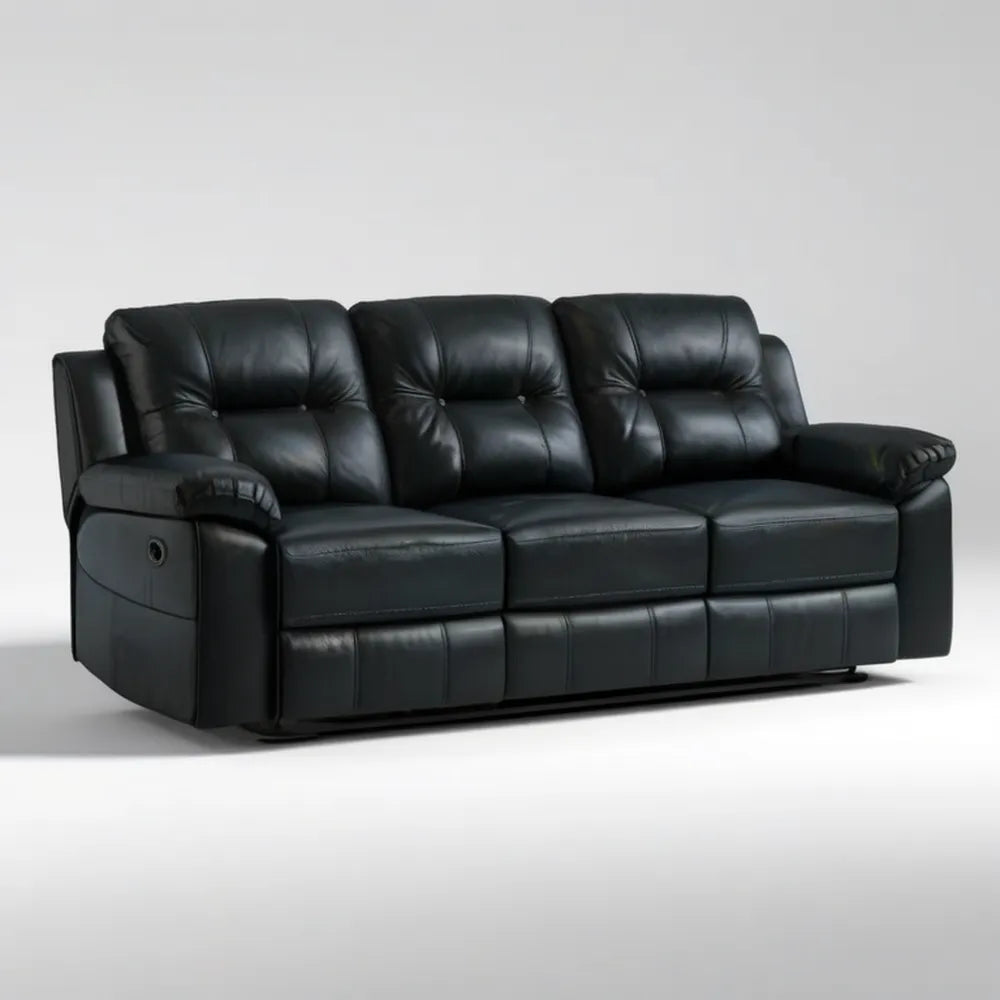 Czarna sofa 3-osobowa z regulowanym oparciem i wysuwanym podnóżkiem, PU, 210 × 95 × 102 cm