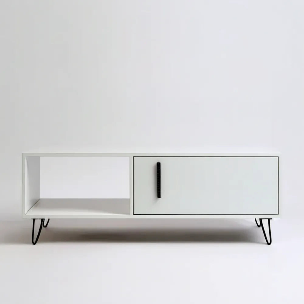 Biały stolik kawowy MDF z szafką i otwartą wnęką, 120 x 40 x 45 cm