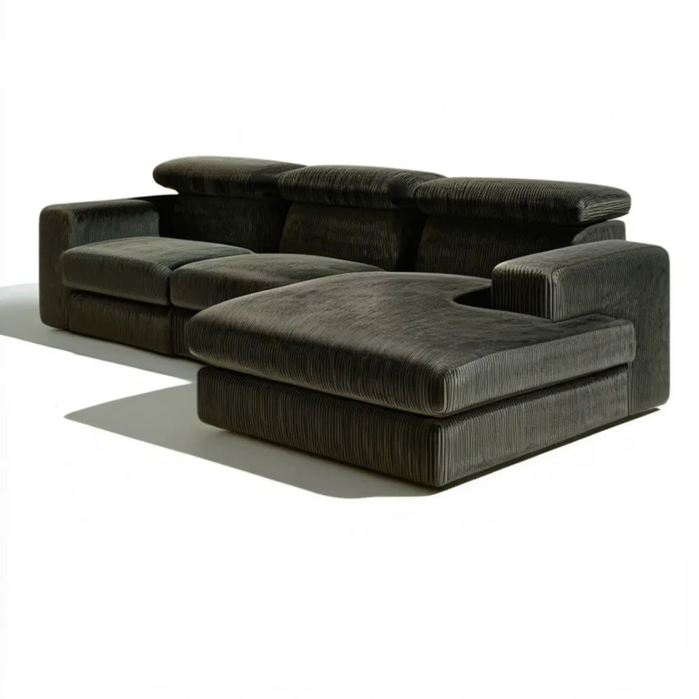 Ciemnozielona sofa narożna w kształcie L z prawostronnym szezlongiem, sztruksowa, 285 × 180 × 78 cm