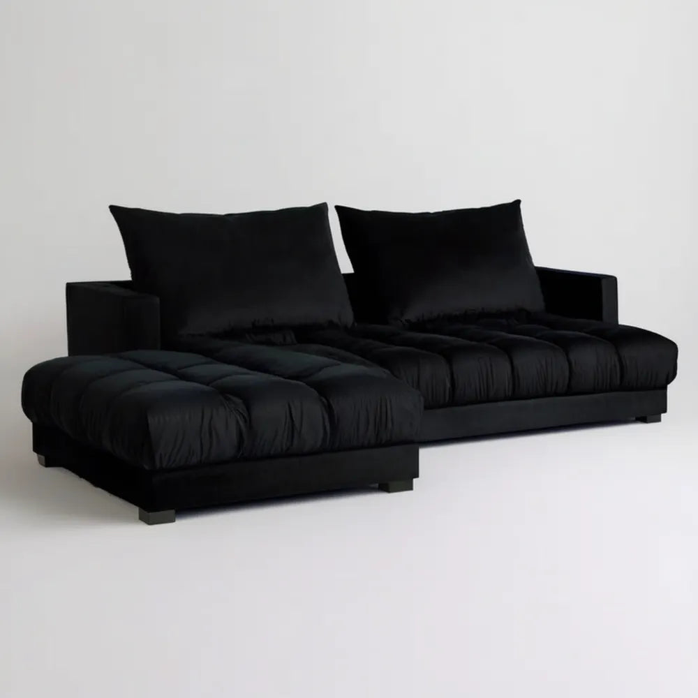 Czarna sofa narożna z lewostronnym szezlongiem, aksamit poliestrowy, 240 x 150 x 75 cm