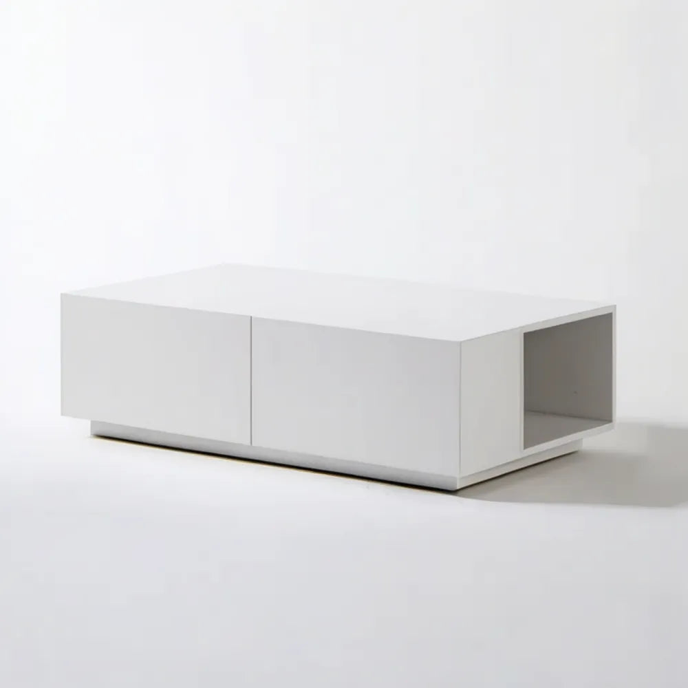 Biały prostokątny stolik kawowy MDF 120 x 60 x 35 cm z 2 szufladami i otwartą półką