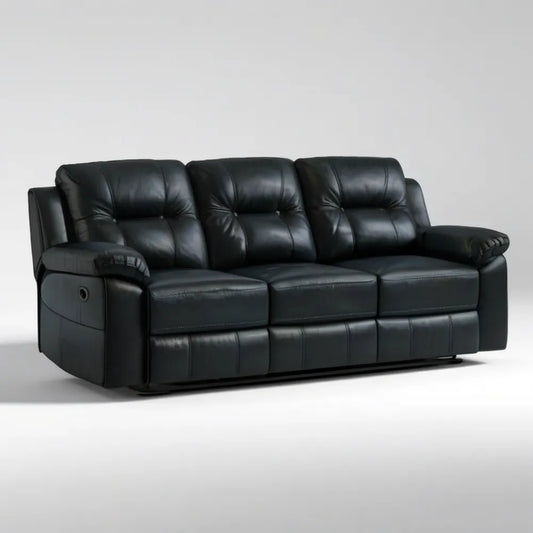 Czarna sofa 3-osobowa z regulowanym oparciem i wysuwanym podnóżkiem, PU, 210 × 95 × 102 cm