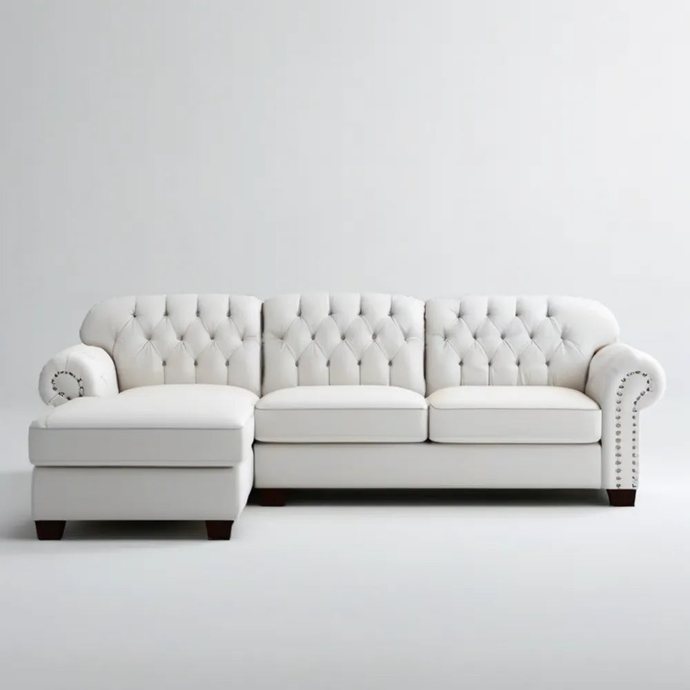Biała lewostronna sofa narożna Chesterfield z szezlongiem 260 x 160 x 90 cm
