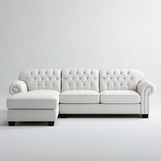 Biała lewostronna sofa narożna Chesterfield z szezlongiem 260 x 160 x 90 cm