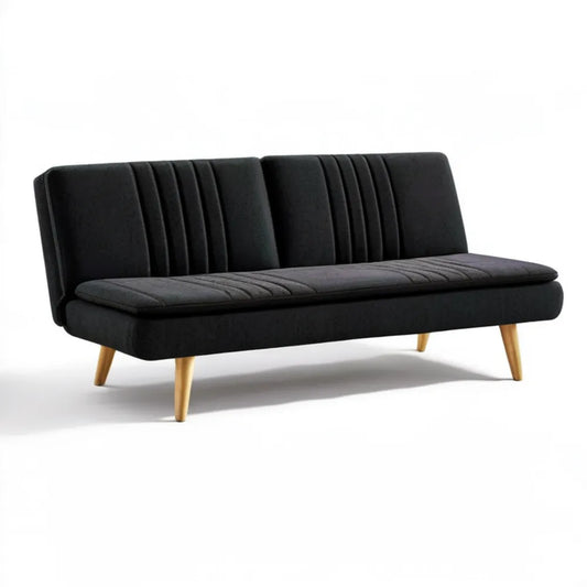 Czarna sofa trzyosobowa z poliestrową tapicerką i jasnobrązowymi nogami, 183 x 78 x 82 cm