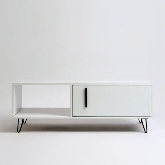 Biały stolik kawowy MDF z szafką i otwartą wnęką, 120 x 40 x 45 cm
