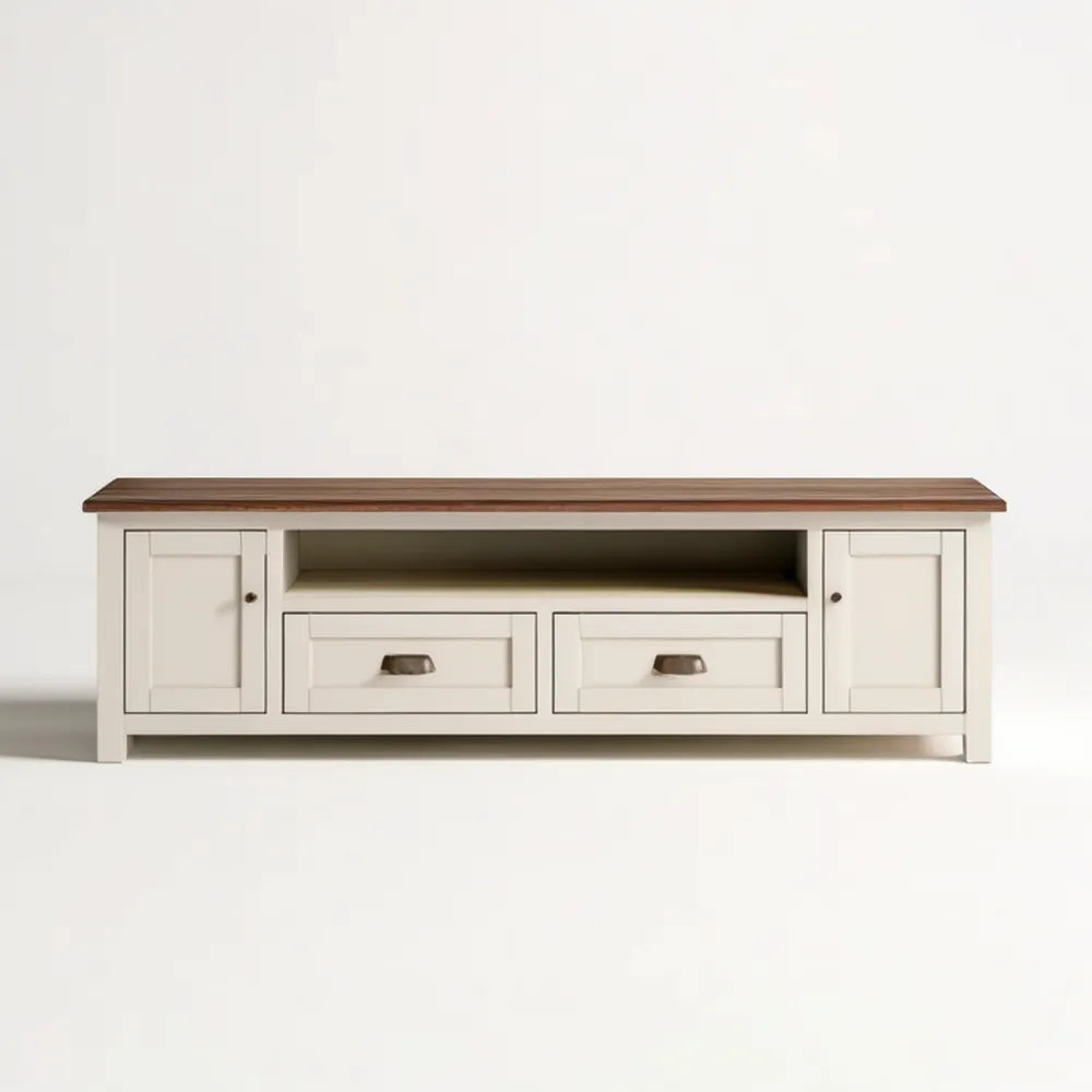 Kremowa szafka RTV z blatem w kolorze orzecha, 160 x 40 x 55 cm