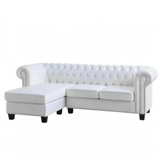 Biała lewostronna sofa narożna Chesterfield z leżanką, 200 × 145 × 76 cm