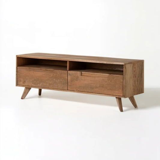 Brązowa szafka RTV z litego drewna mango 140 x 40 x 50 cm, 2 szuflady