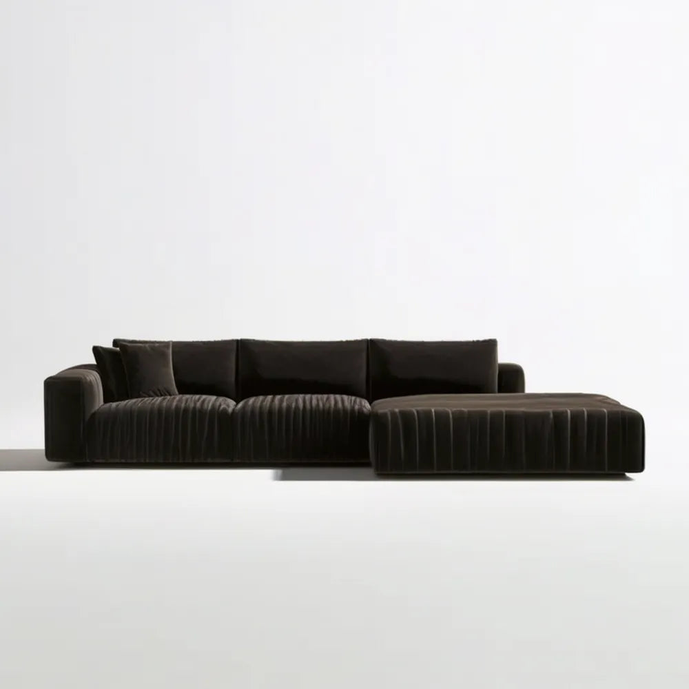 Czarna sofa narożna z prawym szezlongiem, aksamit poliestrowy, 280 x 165 x 75 cm