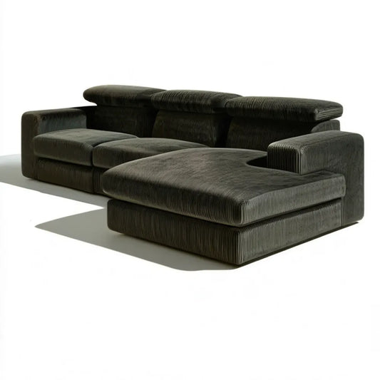 Ciemnozielona sofa narożna w kształcie L z prawostronnym szezlongiem, sztruksowa, 285 × 180 × 78 cm