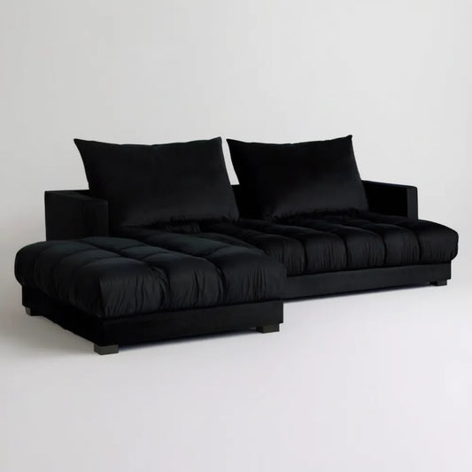 Czarna sofa narożna z lewostronnym szezlongiem, aksamit poliestrowy, 240 x 150 x 75 cm