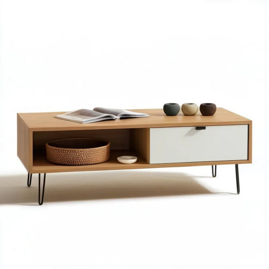 Stolik kawowy MDF w dekorze naturalnego dębu z białym frontem, 120 x 60 x 45 cm