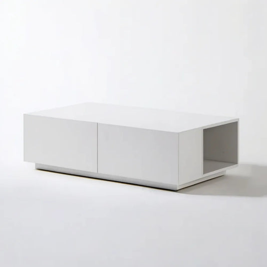 Biały prostokątny stolik kawowy MDF 120 x 60 x 35 cm z 2 szufladami i otwartą półką