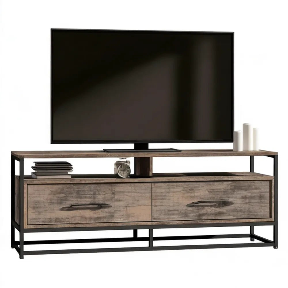 Szafka RTV z 2 szufladami, brąz rustykalny/czarny, 140 x 40 x 60 cm