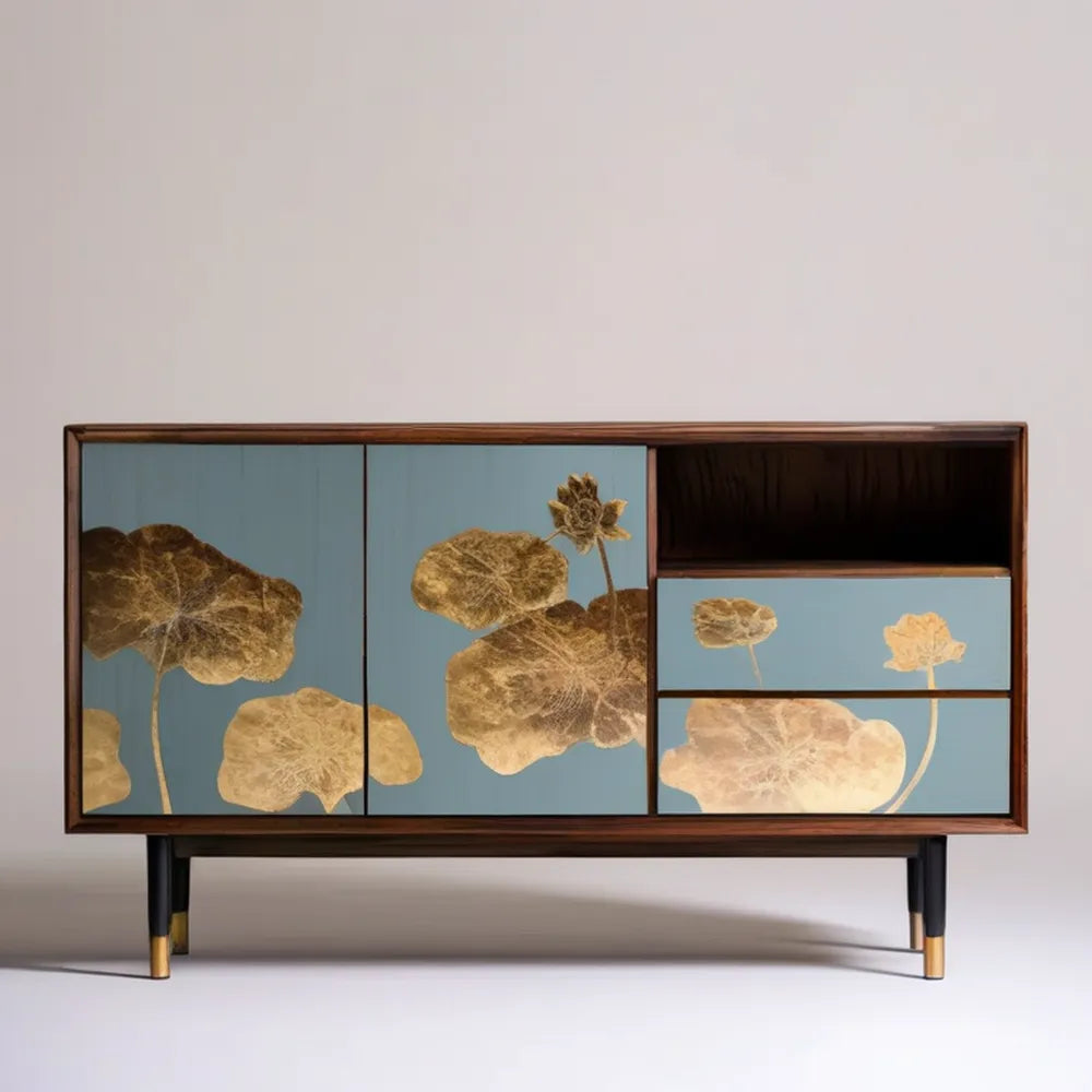 Komoda RTV orzechowo-niebieska ze złotym motywem lotosu, 140 x 40 x 80 cm