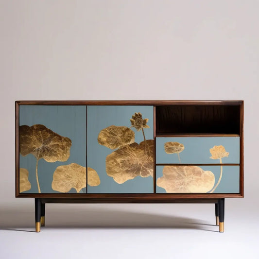 Komoda RTV orzechowo-niebieska ze złotym motywem lotosu, 140 x 40 x 80 cm